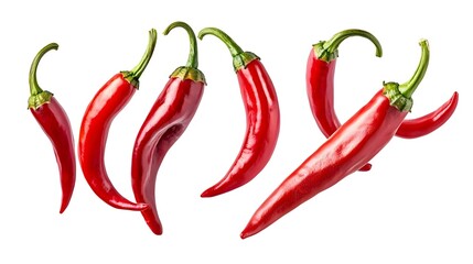Flying red chili peppers isolated on white