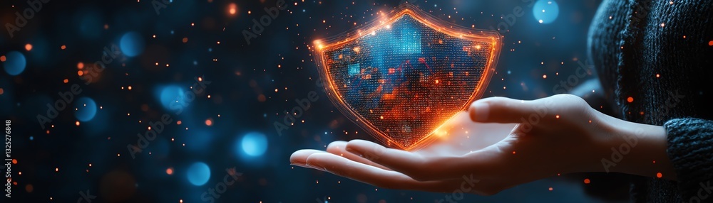 Aufkleber hands presenting a glowing digital shield with financial data analytics and graphs, symbolizing secu