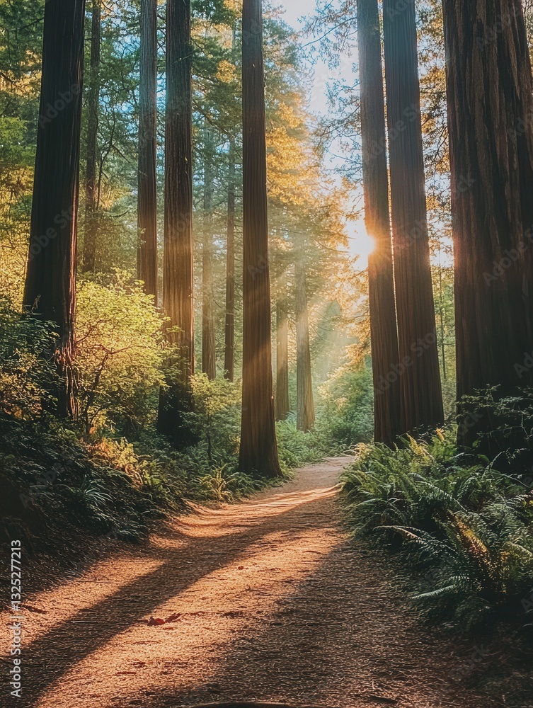 Poster Winding forest path inviting exploration under warm sunlight filtering through tall trees