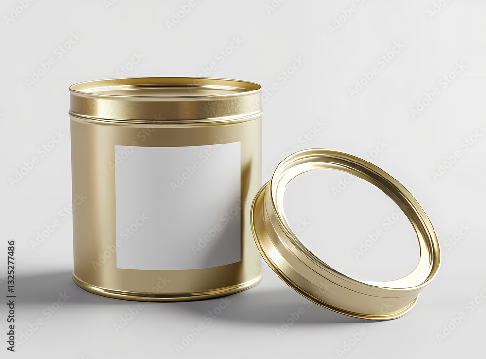 Poster golden container with blank label: a gleaming gold-colored container with a pristine white label is 