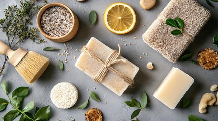 Eco-Friendly Bath Products Flat Lay | Sustainable Toiletries Hygiene Essentials Mockup