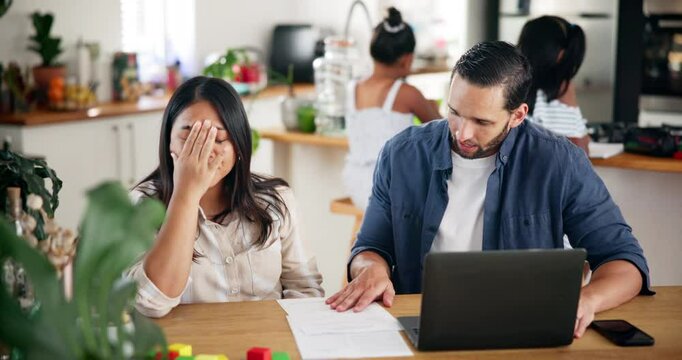 Fighting, document and couple with laptop in home for payment of overdue debt, bills or mortgage. Upset, argument and woman in disagreement with man for bankruptcy account statement in kitchen.