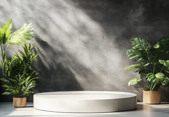 White round podium with tropical plants against a textured wall, illuminated by sunlight.