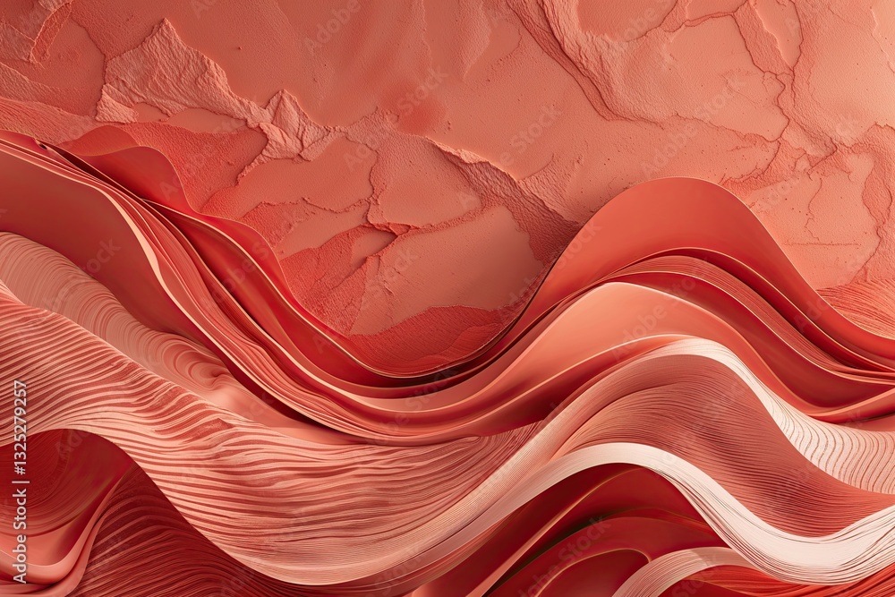 Poster warm coral abstract background with textured geometry and fluid wave design