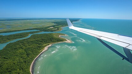 View from an airplane window flying over Wisconsin, featuring the Great Lakes, dense forests, and rolling farmland. The water sparkles under the sunlight, and the scene is peaceful and serene. 