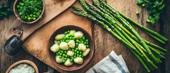 Delicious Gnocchi With Asparagus and Fresh Peas on a Plate - High Quality Image for Recipes and Food Blogs