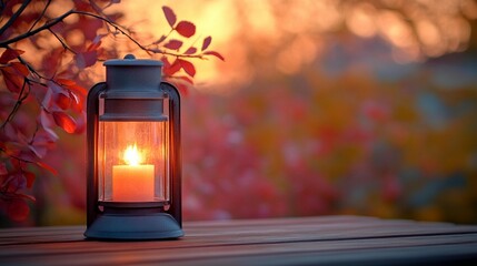 Illuminated lantern on wooden table at sunset, autumn leaves in background.