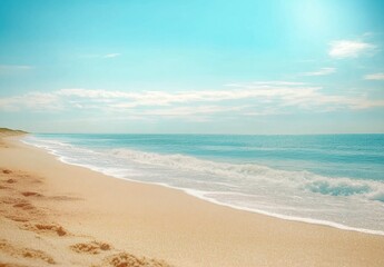 Obraz premium Tranquil Beach Scene with Soft Waves and Clear Blue Sky Under Bright Sunshine at a Serene Coastal Destination
