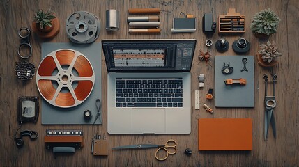 Creative Workspace Laptop Film Reel Tools Productivity