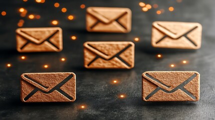 Envelopes floating with orange lights in the darkness