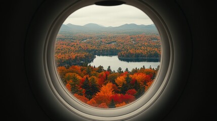 Naklejka premium View from an airplane window flying over New Hampshire, featuring the White Mountains, dense forests, and pristine lakes. The autumn foliage adds vibrant colors to the landscape. 
