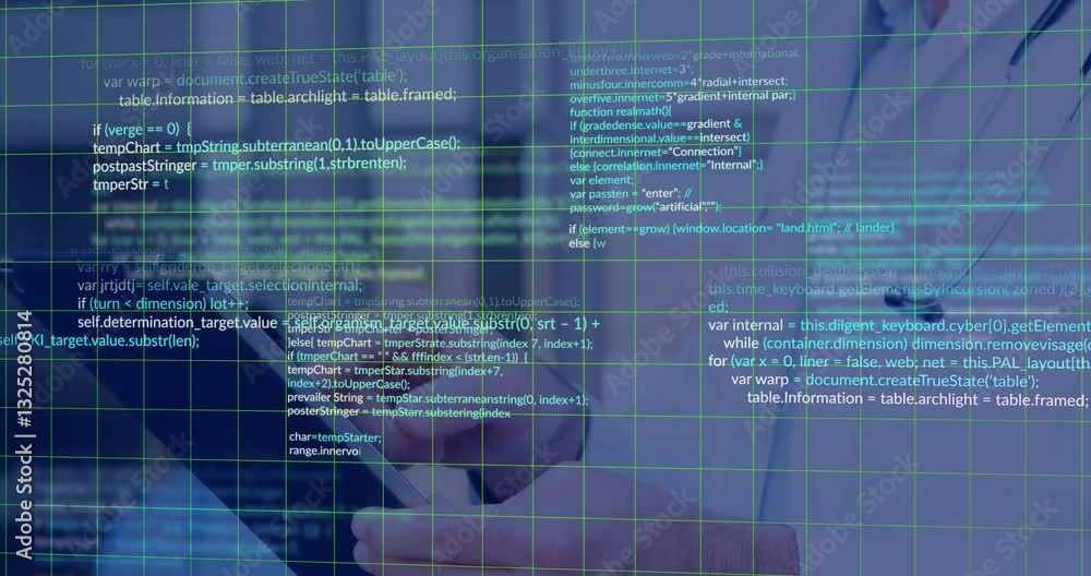 Aufkleber working on animation, person using computer with code and data grid overlay