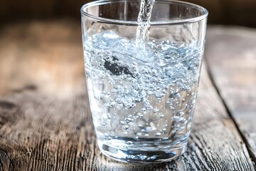 Refreshing Sparkling Water Pouring into Glass on Rustic Wood Table