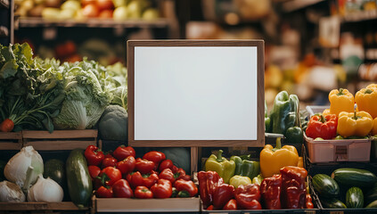 Fresh Produce Display with Blank Sign: A vibrant display of fresh, colorful produce in a store, with a blank sign ready for your message, ideal for showcasing healthy eating and market offerings.