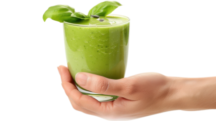 Hand holding green smoothie with basil and seeds on transparent background