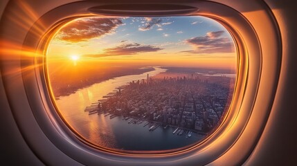 View from an airplane window flying over New York, with the Hudson River, dense forests, and the Manhattan skyline in the distance. The golden light of sunset bathes the scene. 