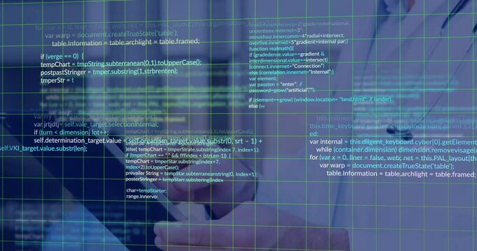 Working on animation, person using computer with code and data grid overlay