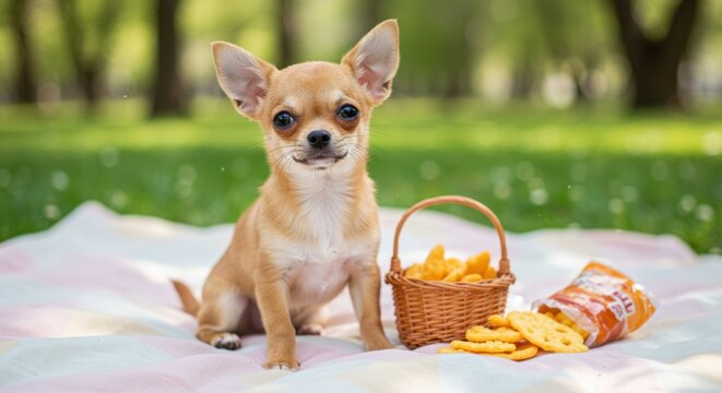 Cute Chihuahua sitting on a picnic blanket with a basket of snacks in a sunny park setting - tea cup chihuahua | teacup chiwawa
