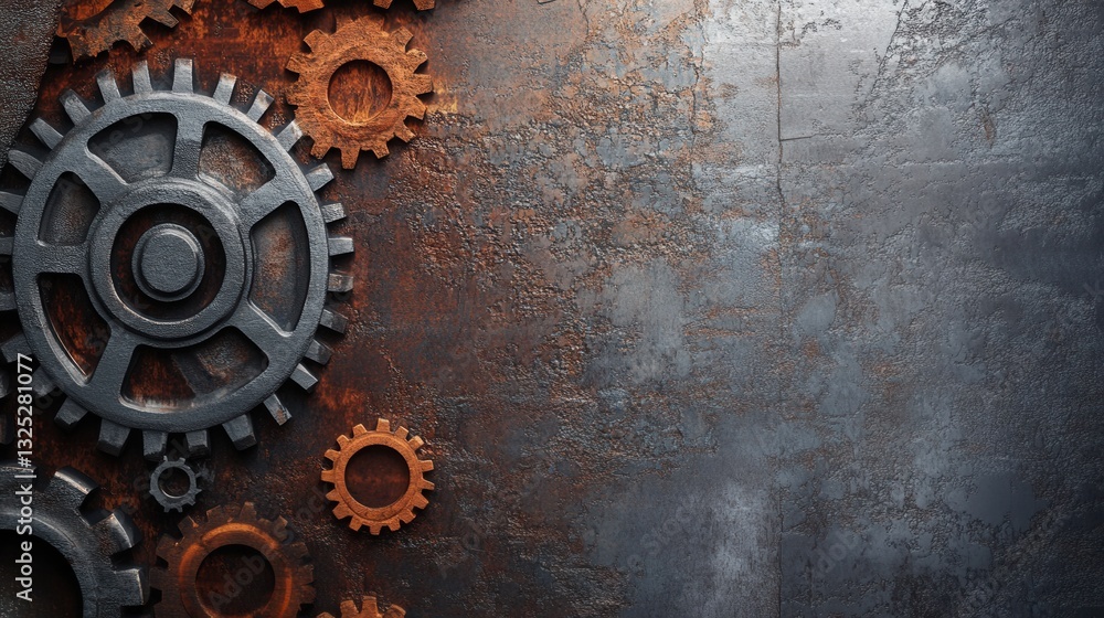 Poster industrial backdrop featuring gear patterns and metallic textures in gray and rust tones for design 
