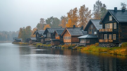 atmospheric autumn lakeside retreat scene featuring wooden cabins along still waters reflected scenic landscape