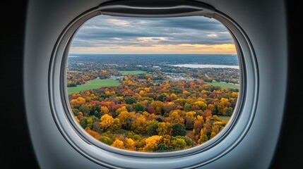 View from an airplane window flying over Ohio, showcasing rolling farmland, dense forests, and the Ohio River. The landscape is dotted with small towns and lakes. 