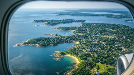 Fototapeta premium View from an airplane window flying over Rhode Island, showcasing the Atlantic coastline, small islands, and historic towns. The water sparkles under the sunlight