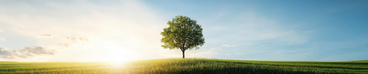 Fototapeta premium Solitary Tree on Hilltop with Bright Sky and Gentle Sunrise