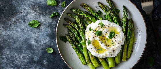 Fresh Green Asparagus served with Creamy Burrata Cheese on a Plate