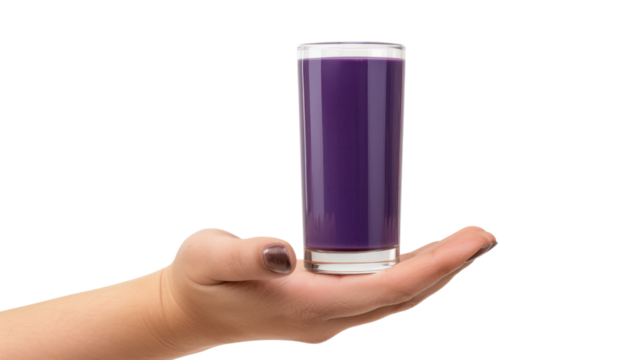 Woman hand holding glass with purple juice on transparent background