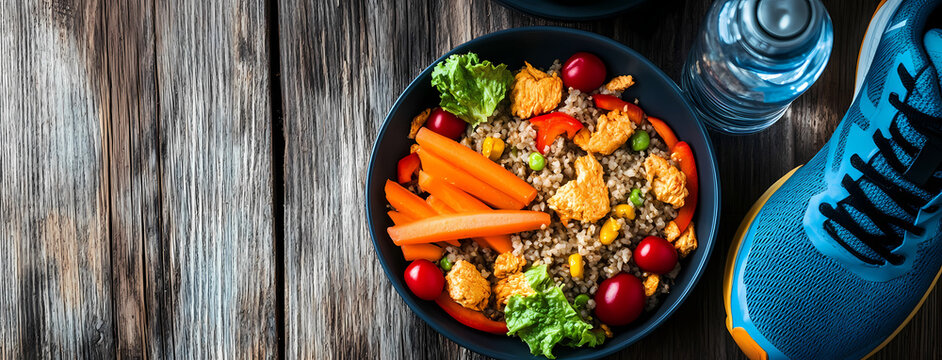 Fueling Fitness: A vibrant and appetizing bowl of nutritious food, alongside a pair of athletic shoes and a refreshing glass of water, embodies the essence of a healthy lifestyle