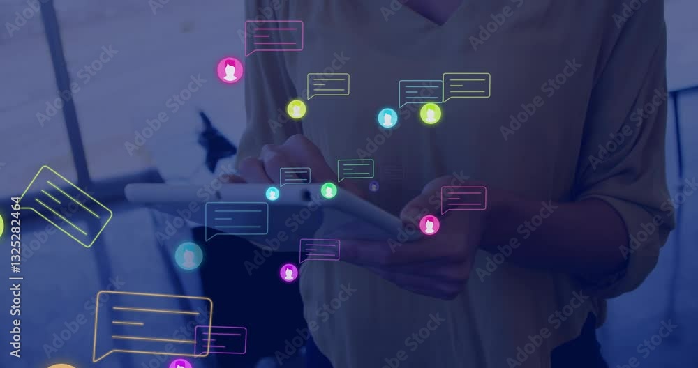 Poster using tablet, person in school with colorful animation chat icons floating