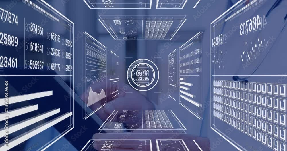 Poster animation of futuristic digital interface with data and graphs in school setting