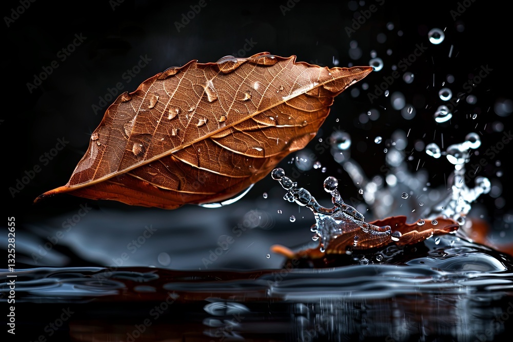 Poster fallen leaf splashes in water droplets creating ripples and reflections in a tranquil environment