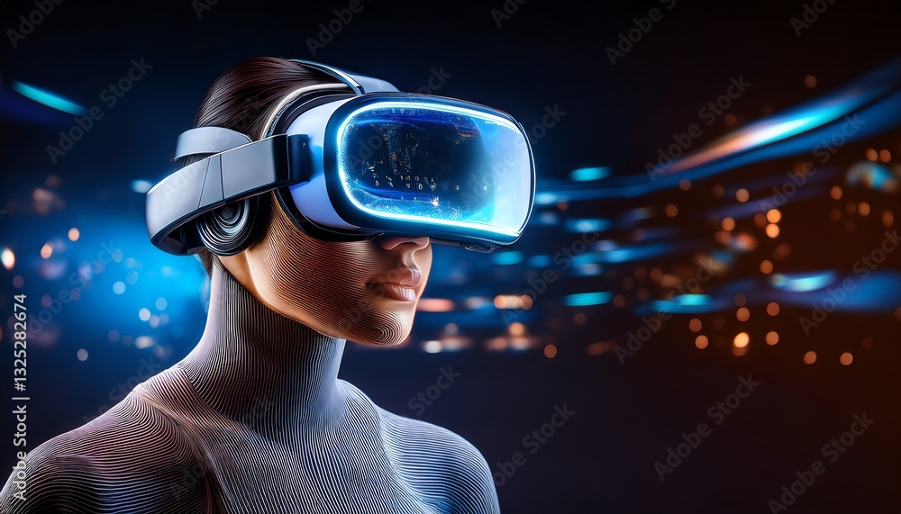 Poster a futuristic representation of a person wearing a virtual reality headset, surrounded by vibrant lig