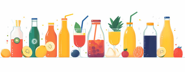 Array of Colorful Juice Bottles: A vibrant assortment of juice bottles, each filled with a different refreshing concoction, arranged in a line with corresponding fruits.