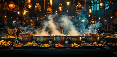 Obraz premium Feast's Ambiance: An appetizing feast of various dishes, presented in a buffet style, steaming invitingly under warm, ambient lighting, creating a captivating and sensory experience.