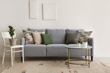 Comfortable sofa with pillows and coffee table in living room