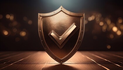 A bronze shield featuring a check mark, symbolizing approval, protection, and security, set against a blurred, illuminated background.