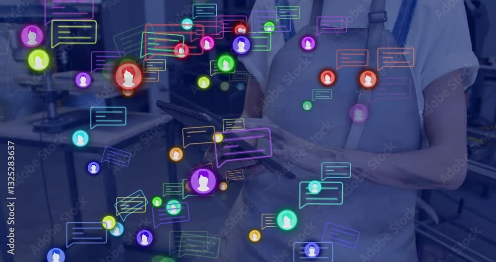 Poster colorful chat bubbles and user icons animation over person using tablet in office