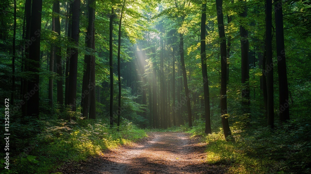 Poster winding forest path leading through dense trees and dappled sunlight towards a serene natural backdr