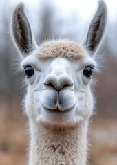 Obraz premium Close-up Portrait of a Charming Llama With Soft Fur and Expressive Eyes in a Natural Setting During a Cloudy Day