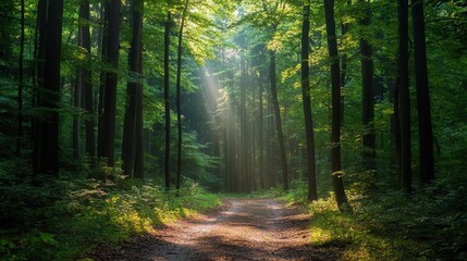 Naklejka premium Winding forest path leading through dense trees and dappled sunlight towards a serene natural backdrop