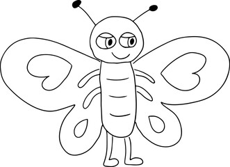 happy standing smiling butterfly with big open wings with hearts