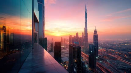 Fototapeta premium A captivating sunset view over a modern cityscape filled with buildings