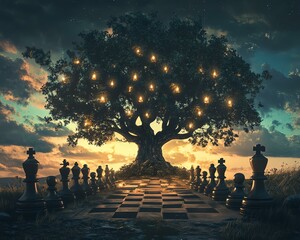 A mystical tree illuminated by lights, surrounded by a chessboard, symbolizing strategy and nature's beauty.