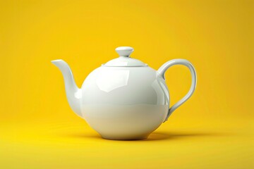 White ceramic teapot, china pot or tea kettle isolated on yellow background