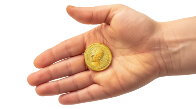 Hand holding golden coin with transparent background - Powered by Adobe