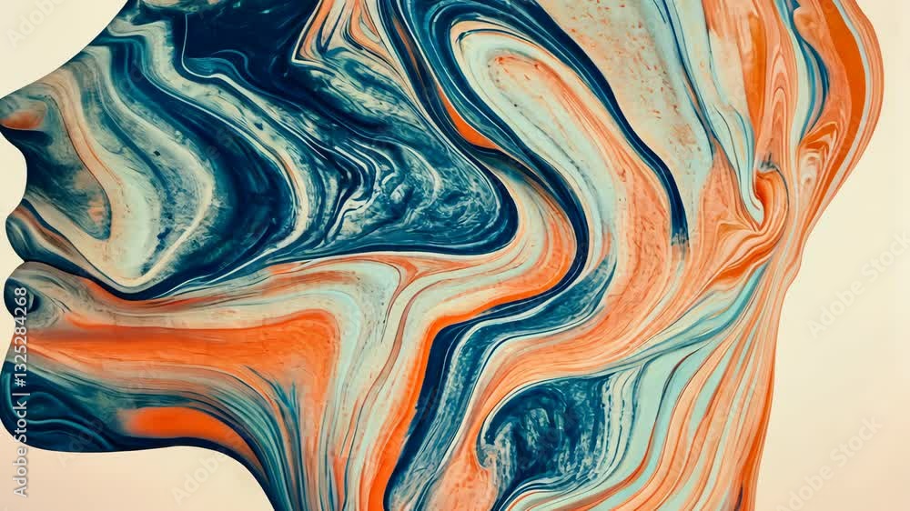 Poster abstract face transformation with vivid multicolor swirls and fluid motion