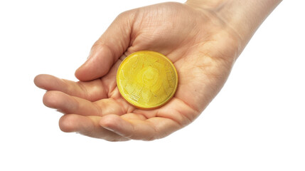 Hand holding golden bitcoin on transparent background