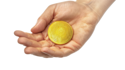 Hand holding golden bitcoin on transparent background